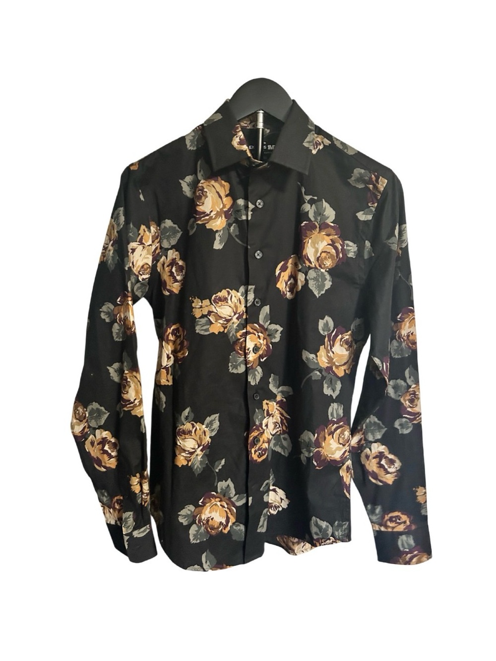 Express 1MX Black Button-Up Shirt with Yellow and Purple Floral Print